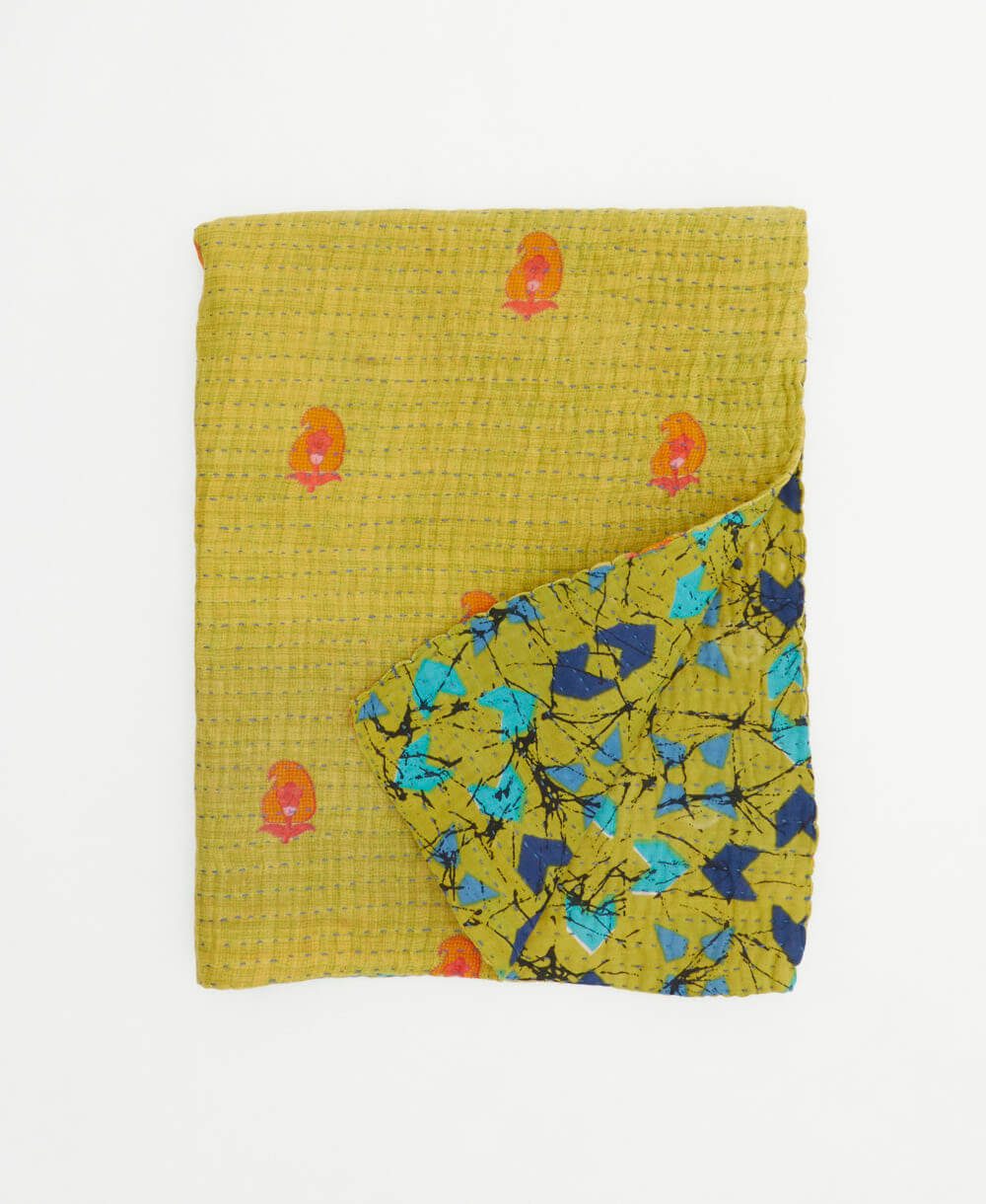 lime green, royal blue & sky blue geometric small kantha quilt handmade in India by women artisans from vintage cotton saris