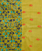 lime green kantha blanket with orange paisley print and sky blue kantha stitching