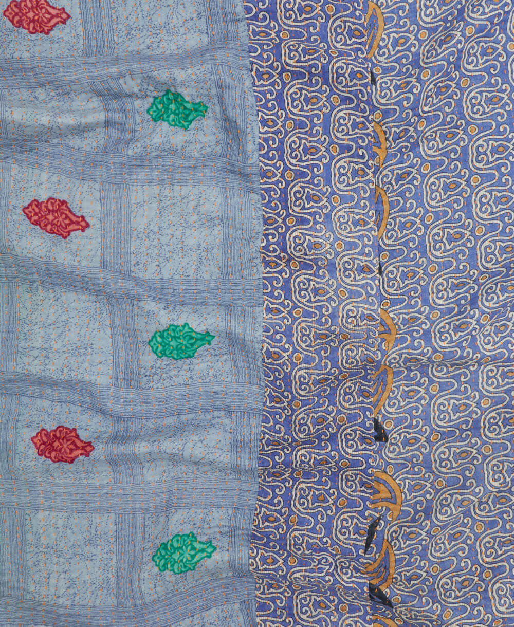 periwinkle kantha blanket with slate plaid print and yellow kantha stitching