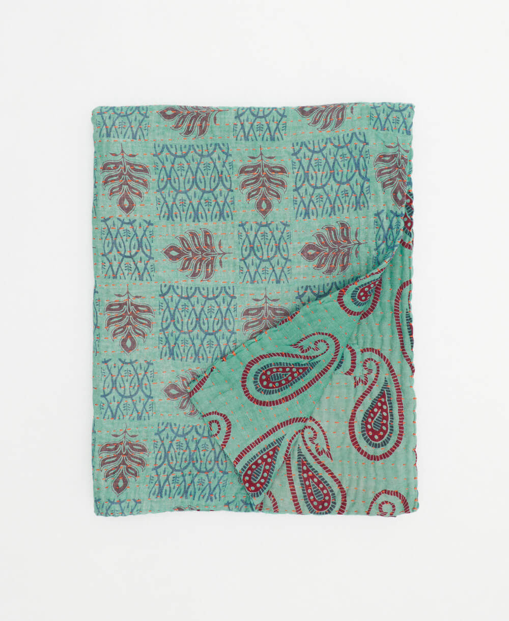 turquoise & maroon small kantha quilt handmade in India by women artisans from vintage cotton saris