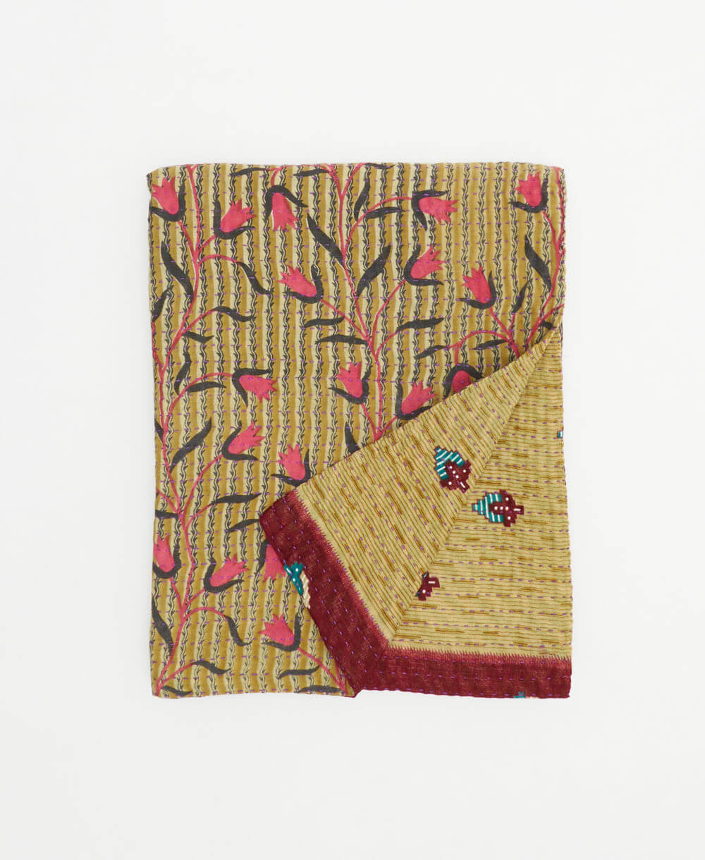 tan & pink small kantha quilt handmade in India by women artisans from vintage cotton saris