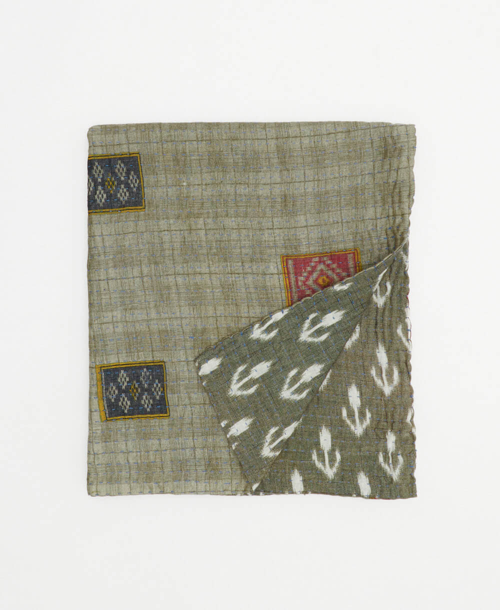 grey and tan small kantha quilt handmade in India by women artisans from vintage cotton saris