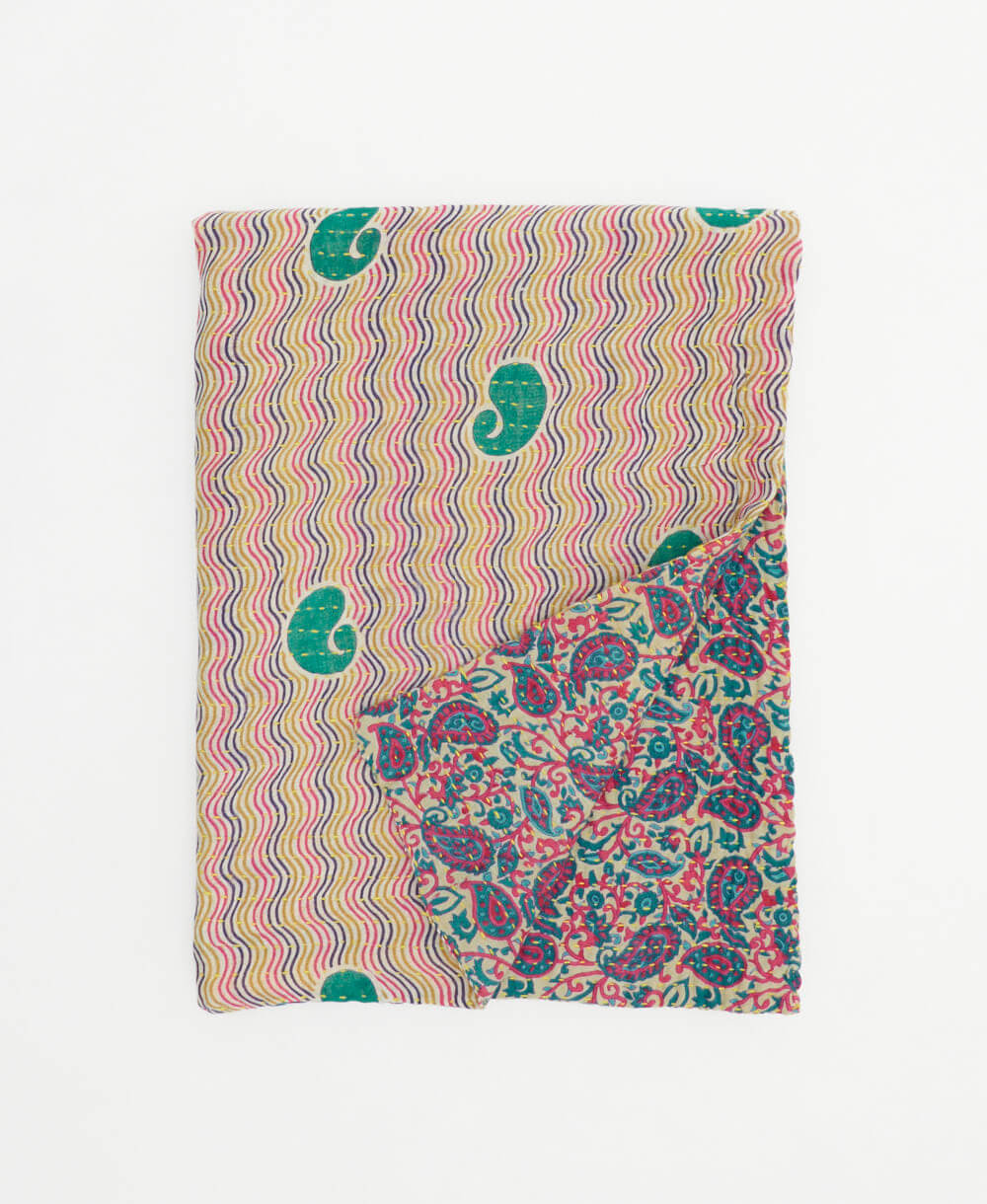 pink & teal small kantha quilt handmade in India by women artisans from vintage cotton saris