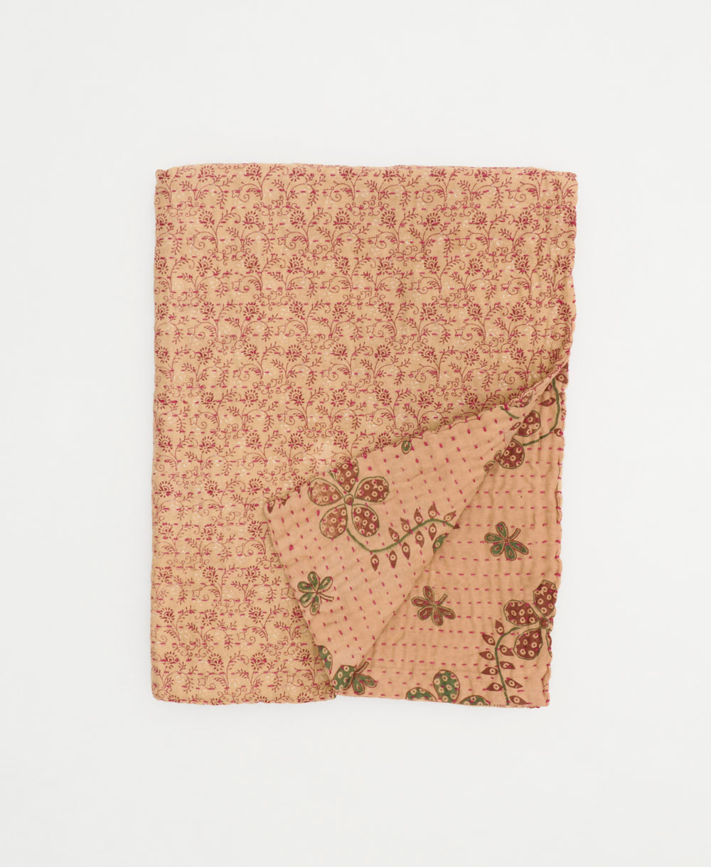 tan & brown floral small kantha quilt handmade in India by women artisans from vintage cotton saris