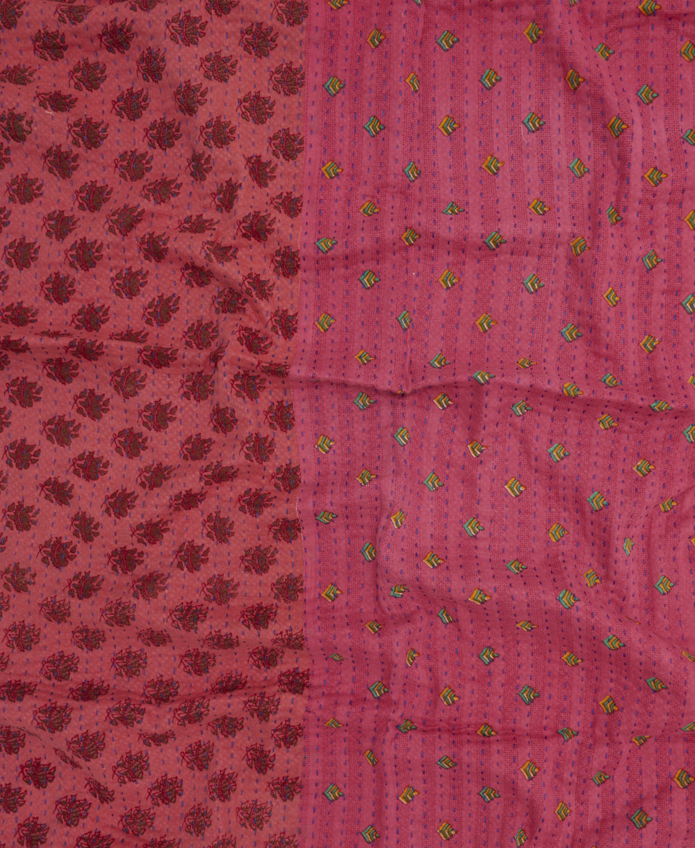 hot pink kantha blanket with floral diamond print and blue kantha stitching