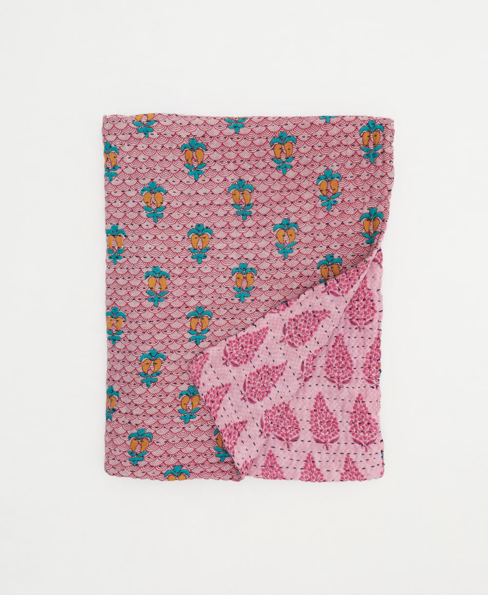 orchid pink small kantha quilt handmade in India by women artisans from vintage cotton saris