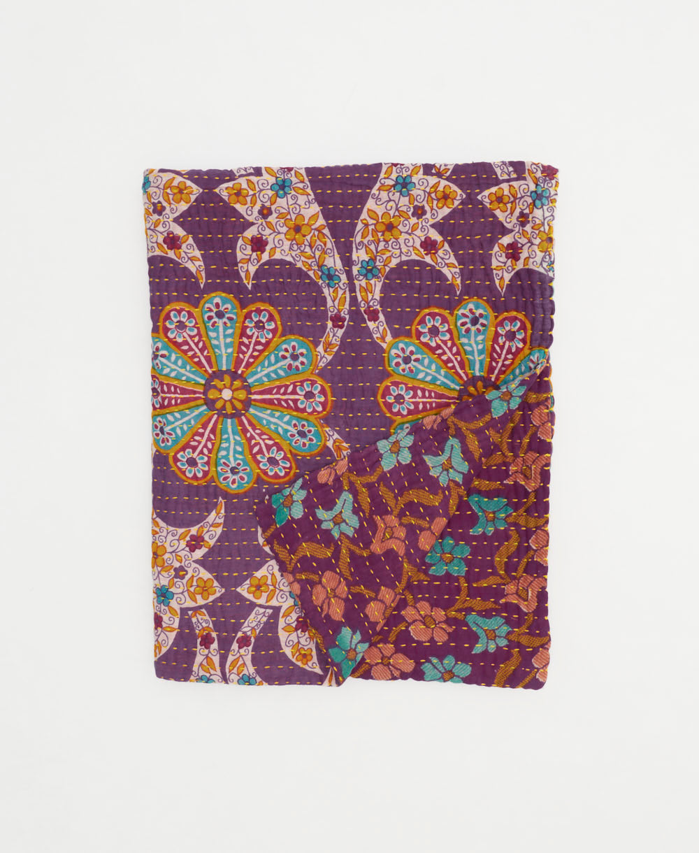 purple & teal floral small kantha quilt handmade in India by women artisans from vintage cotton saris