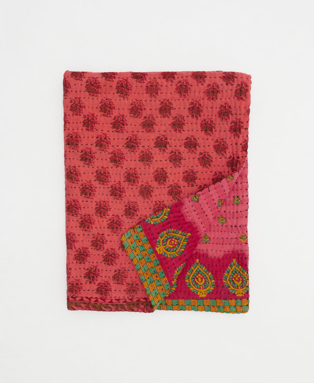 cherry red & pink small kantha quilt handmade in India by women artisans from vintage cotton saris