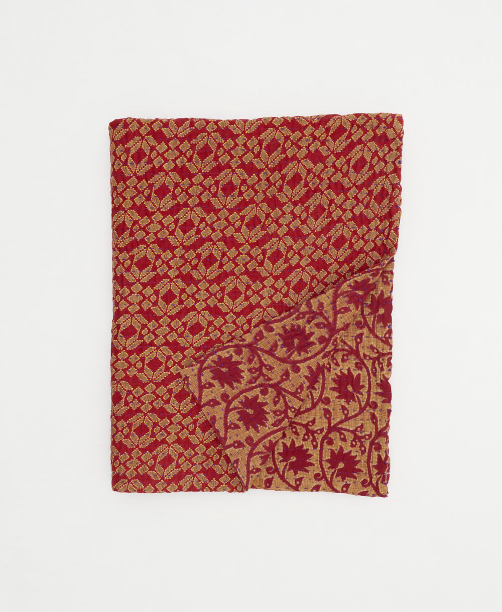 cherry red & maroon small kantha quilt handmade in India by women artisans from vintage cotton saris