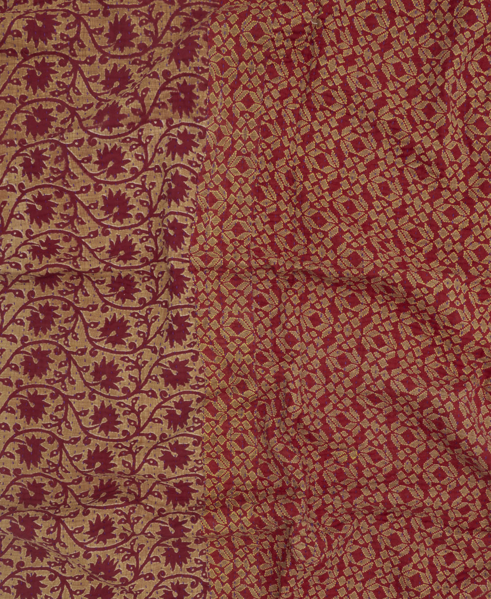 cherry red & maroon kantha blanket with floral print and blue kantha stitching