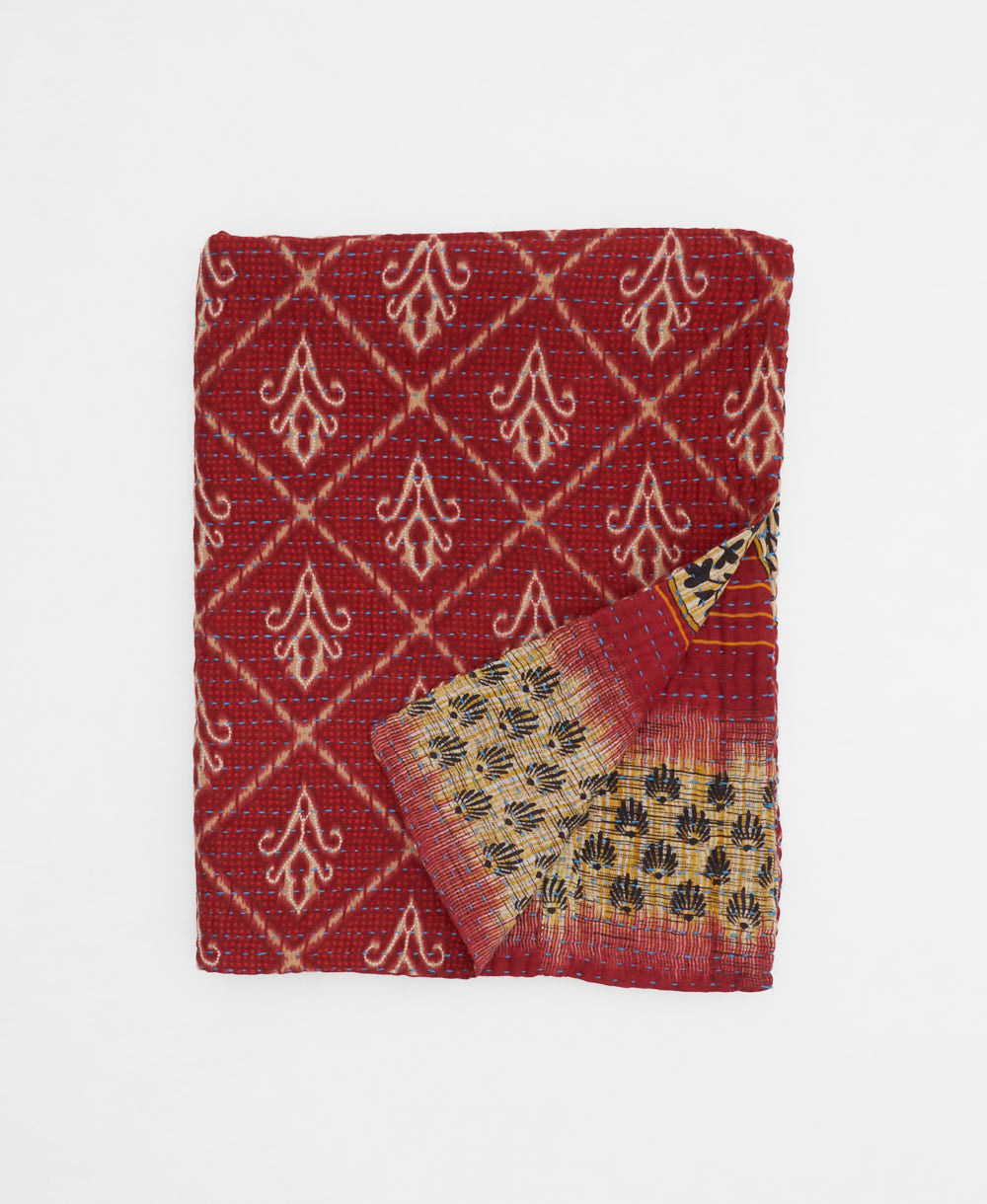 berry red small kantha quilt handmade in India by women artisans from vintage cotton saris