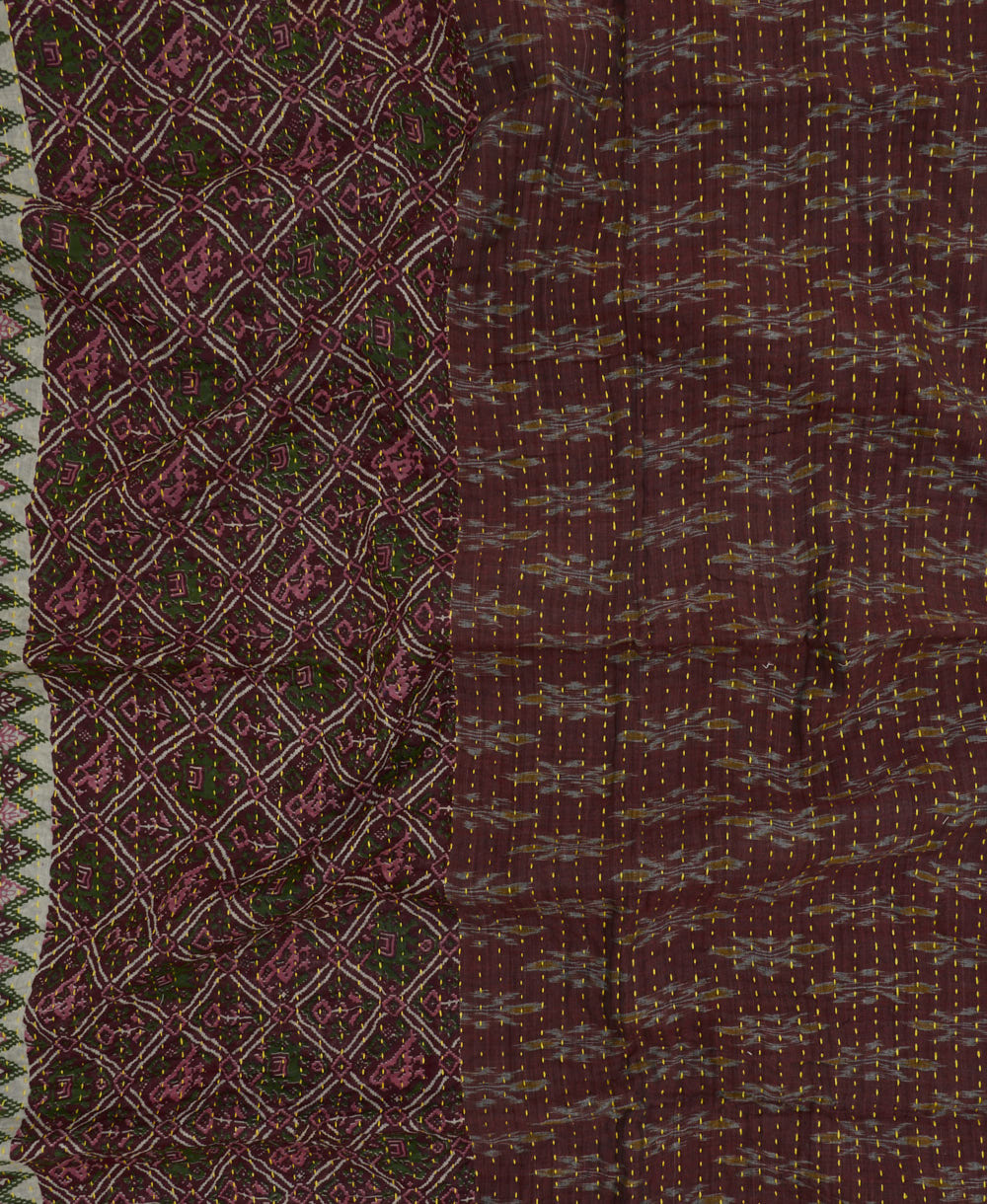 burgundy, pink & green kantha blanket with diamond print and yellow kantha stitching