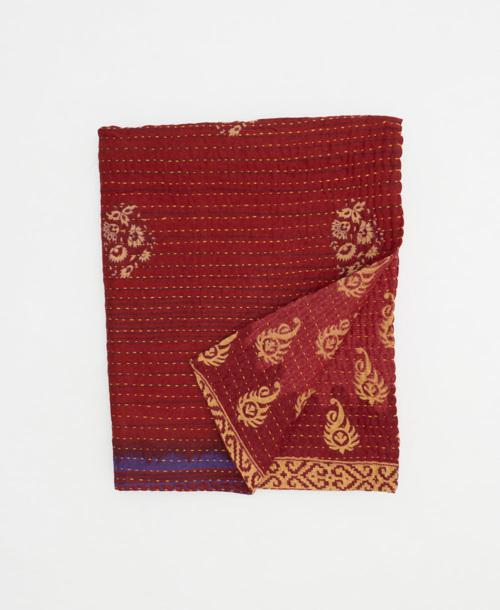 cherry red medallion small kantha quilt handmade in India by women artisans from vintage cotton saris