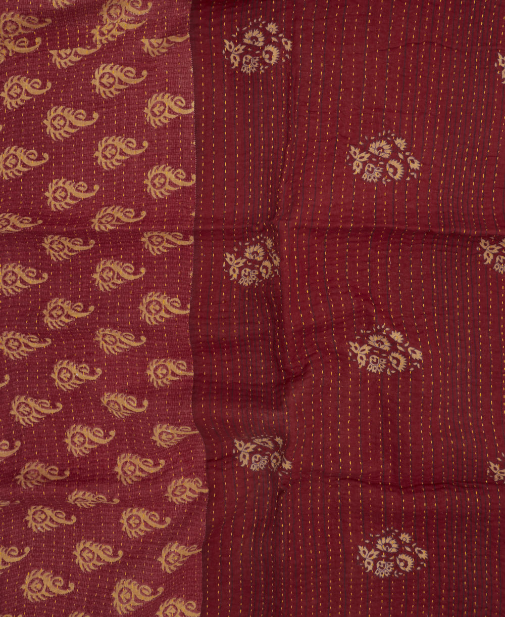 cherry red kantha blanket with beige medallion print and yellow kantha stitching