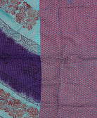 indigo purple & sky blue kantha blanket with bold stripe print & white kantha stitching