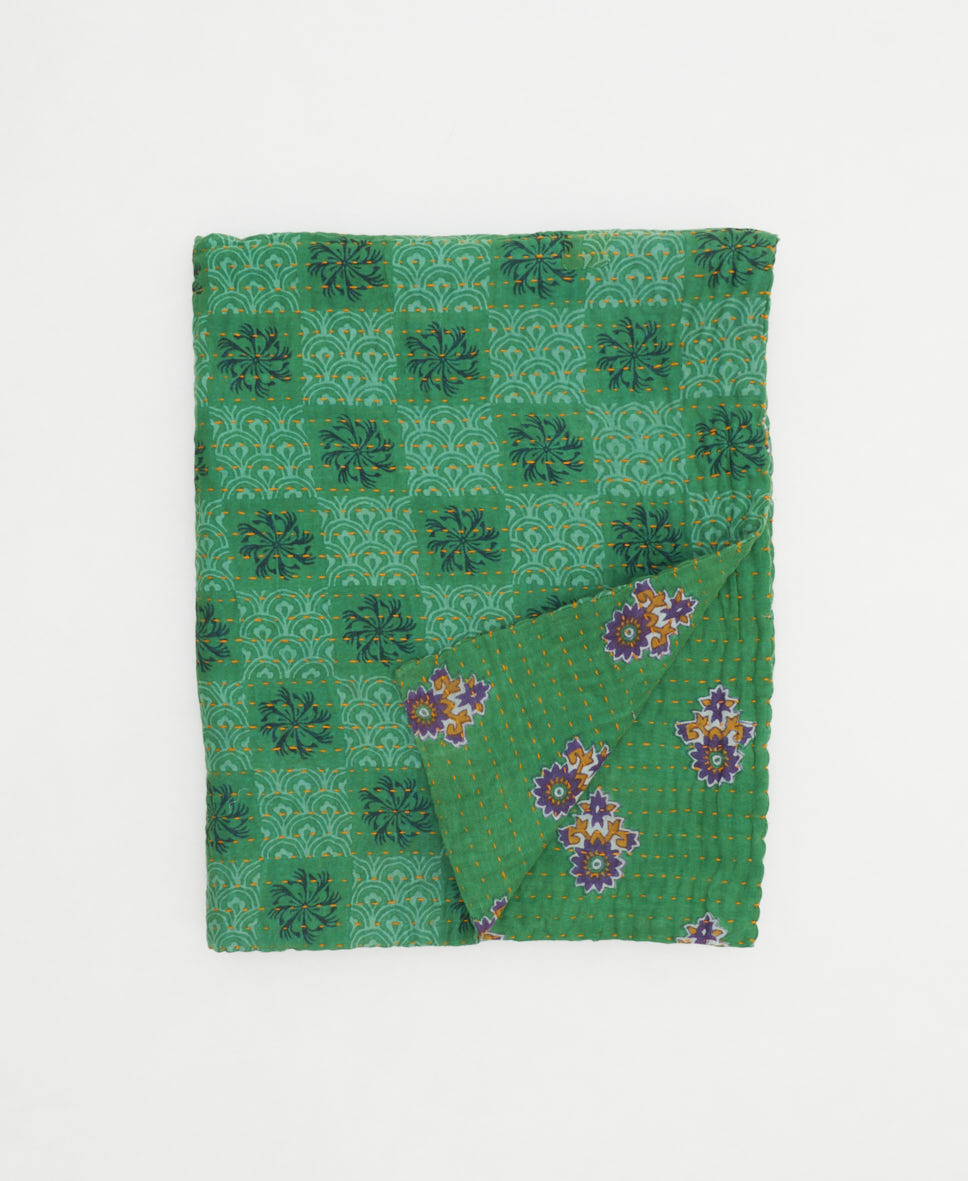 green checkered floral small kantha quilt handmade in India by women artisans from vintage cotton saris