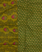 olive green kantha blanket with bold hot pink floral print and black kantha stitching