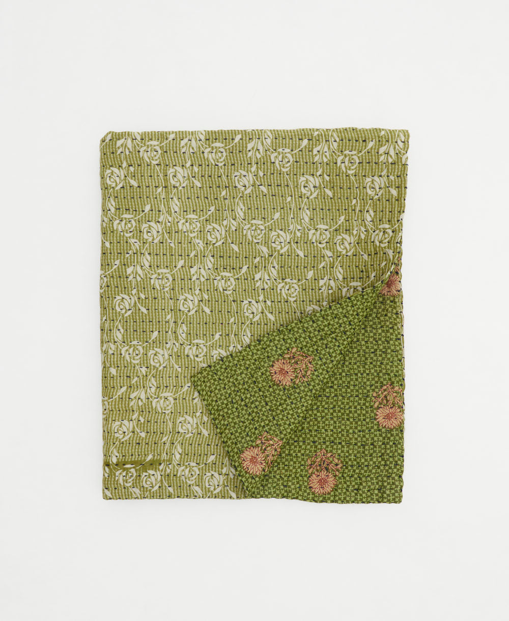 sage green small kantha quilt handmade in India by women artisans from vintage cotton saris