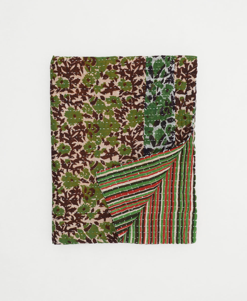 dark brown & green floral small kantha quilt handmade in India by women artisans from vintage cotton saris