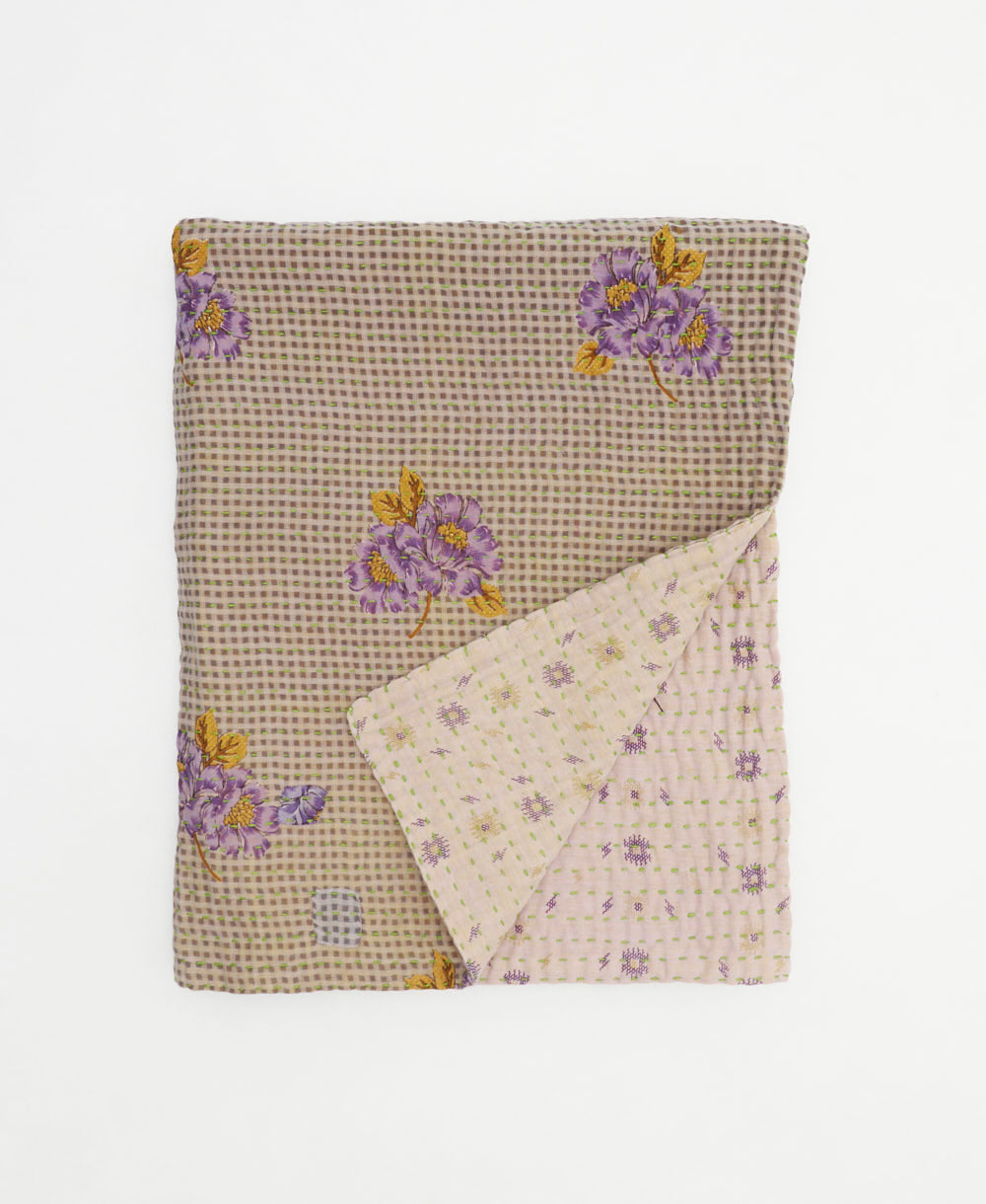small kantha quilt handmade in India by women artisans from vintage cotton saris