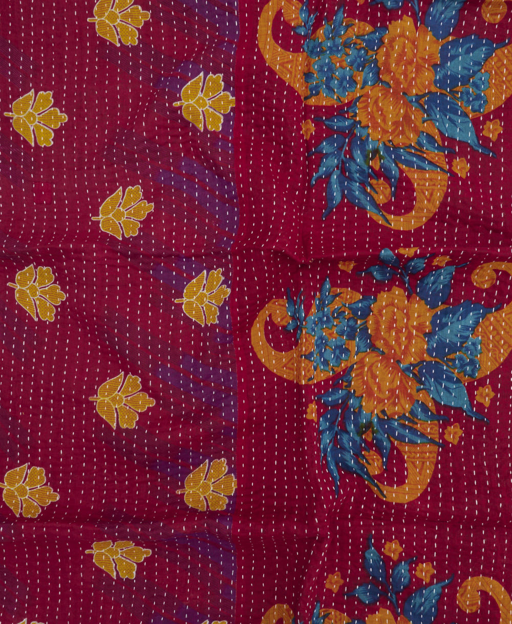colorful kantha blanket made from upcycled vintage saris