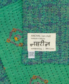 small kantha blanket with signature of the maker on the tag