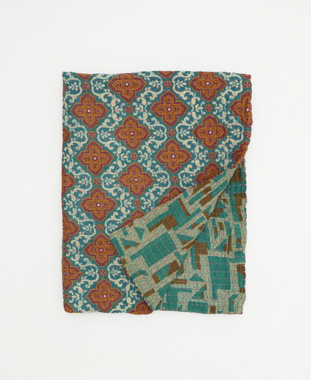 small kantha quilt handmade in India by women artisans from vintage cotton saris