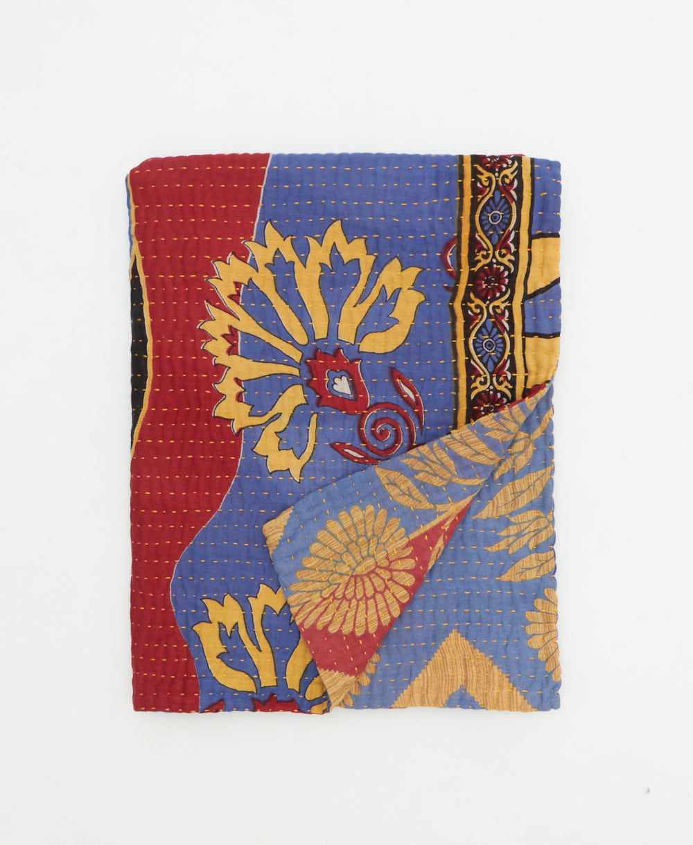 small kantha quilt handmade in India by women artisans from vintage cotton saris