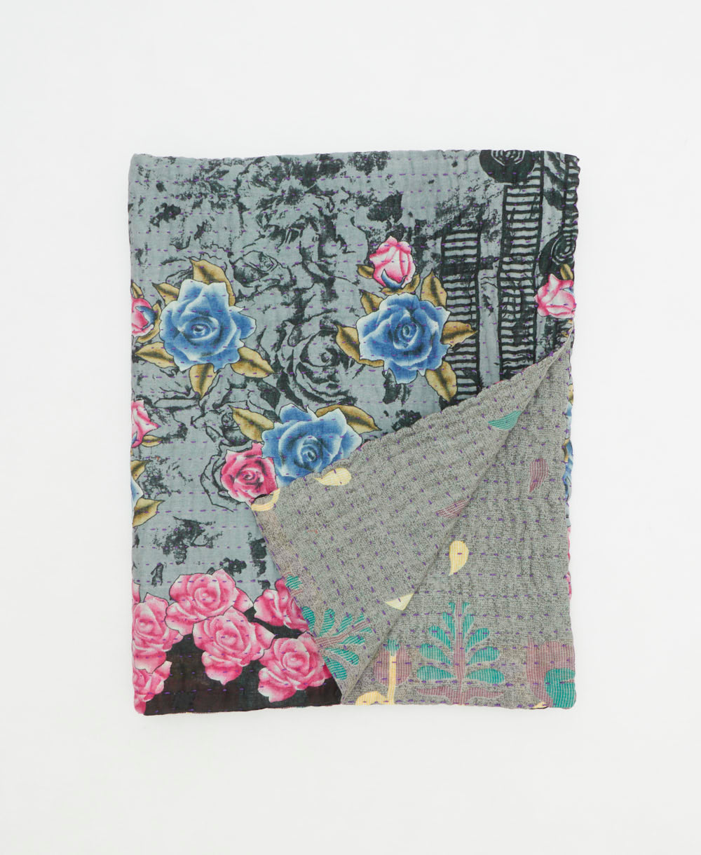 small kantha quilt handmade in India by women artisans from vintage cotton saris