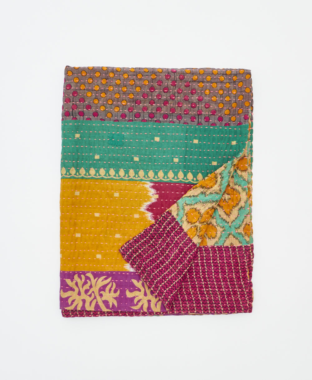 small kantha quilt handmade in India by women artisans from vintage cotton saris