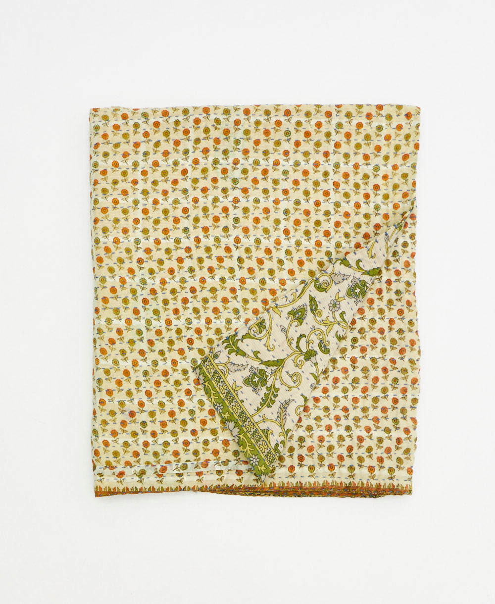 Orange and green small kantha quilt throw made using floral
recycled vintage saris