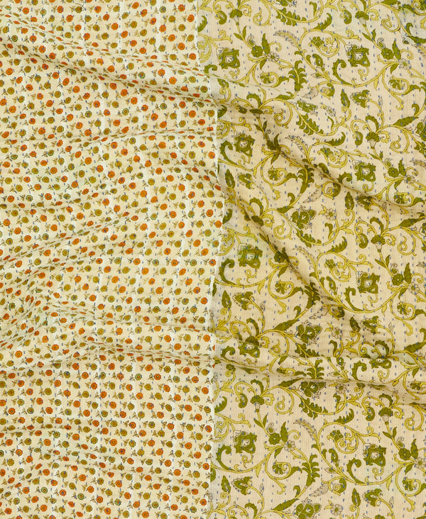 Eco-friendly artisan-made orange and green floral kantha quilt throw