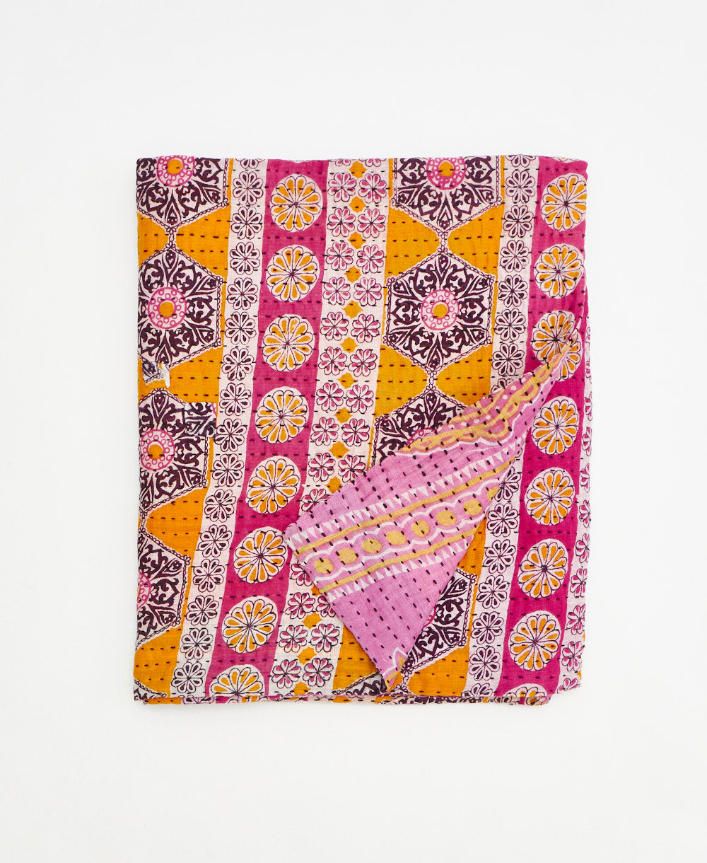 yellow and pink small kantha quilt throw made using floral
recycled vintage saris