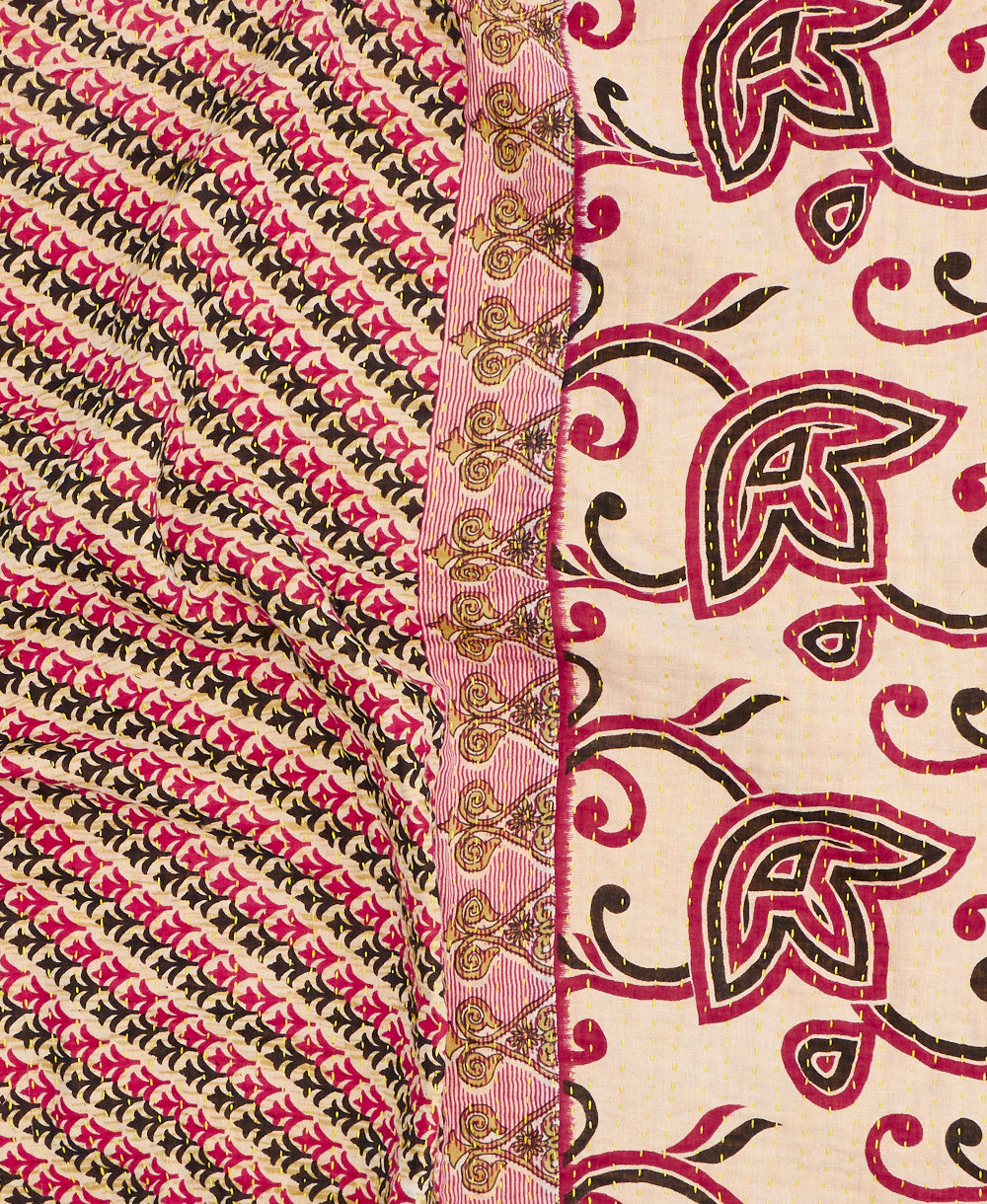 Eco-friendly artisan-made pink geometric kantha quilt throw