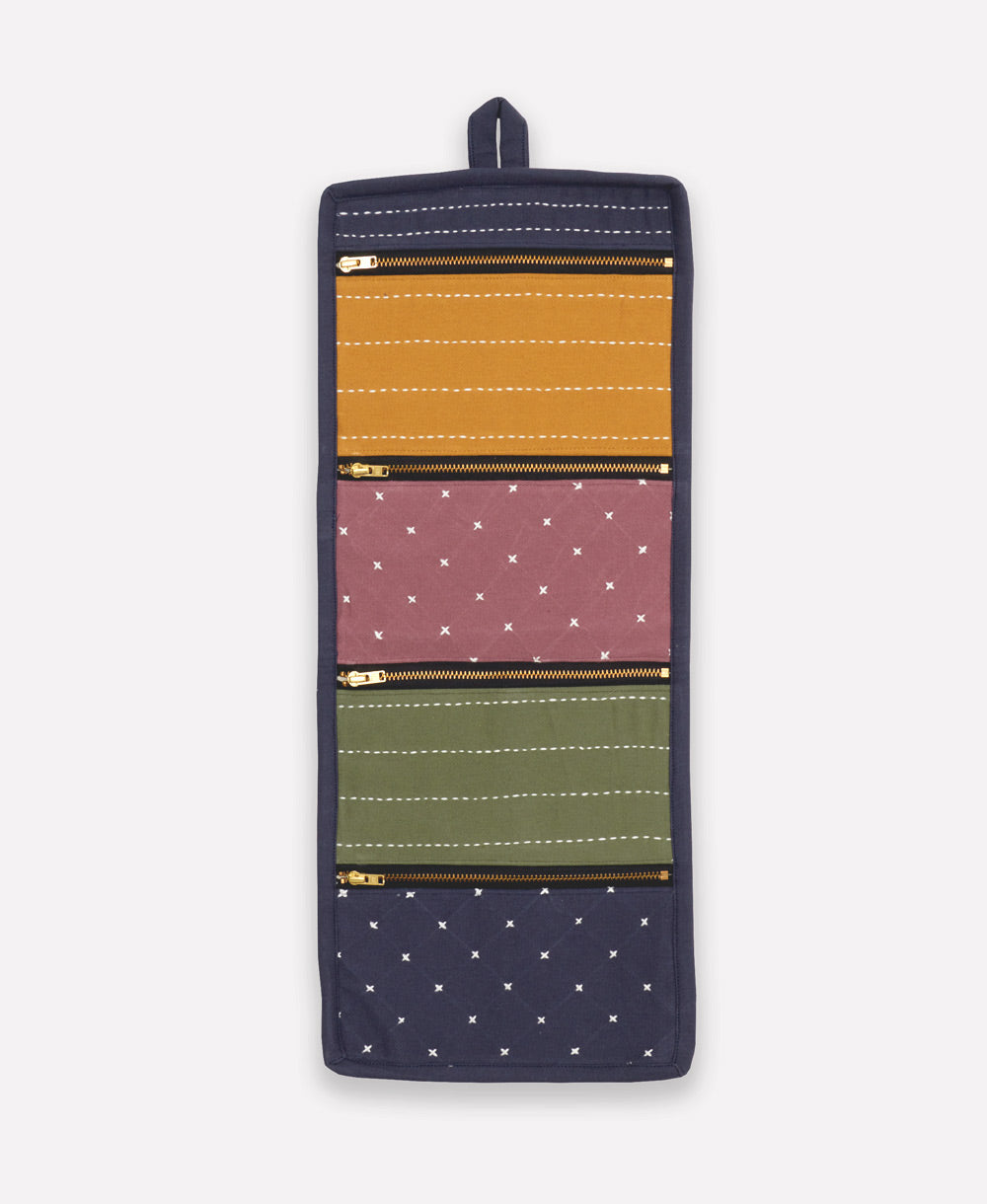 Multicolored travel organizer with zippers on a white background