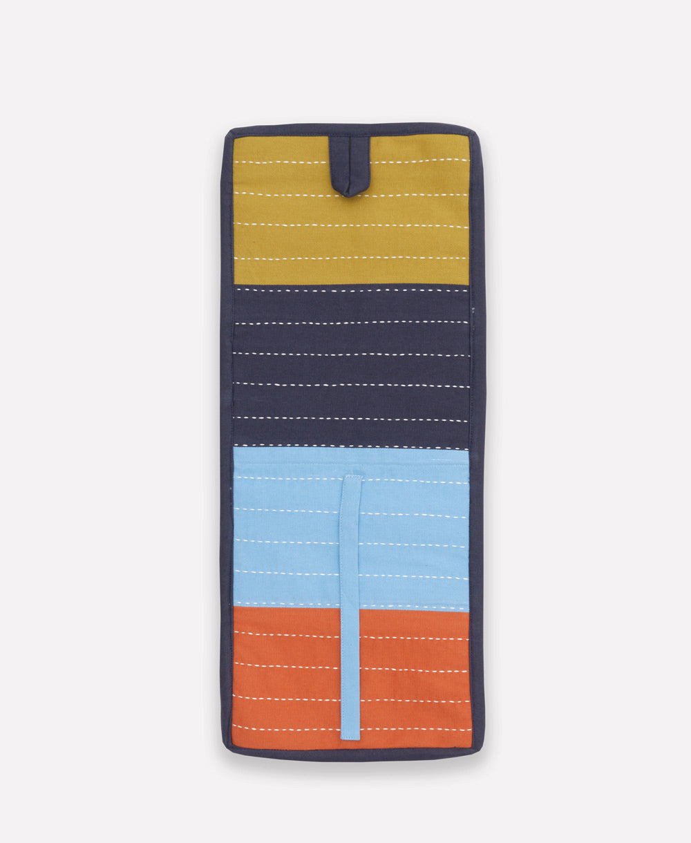colorful small travel organizer in shades of navy blue, lime green, sky blue and orange