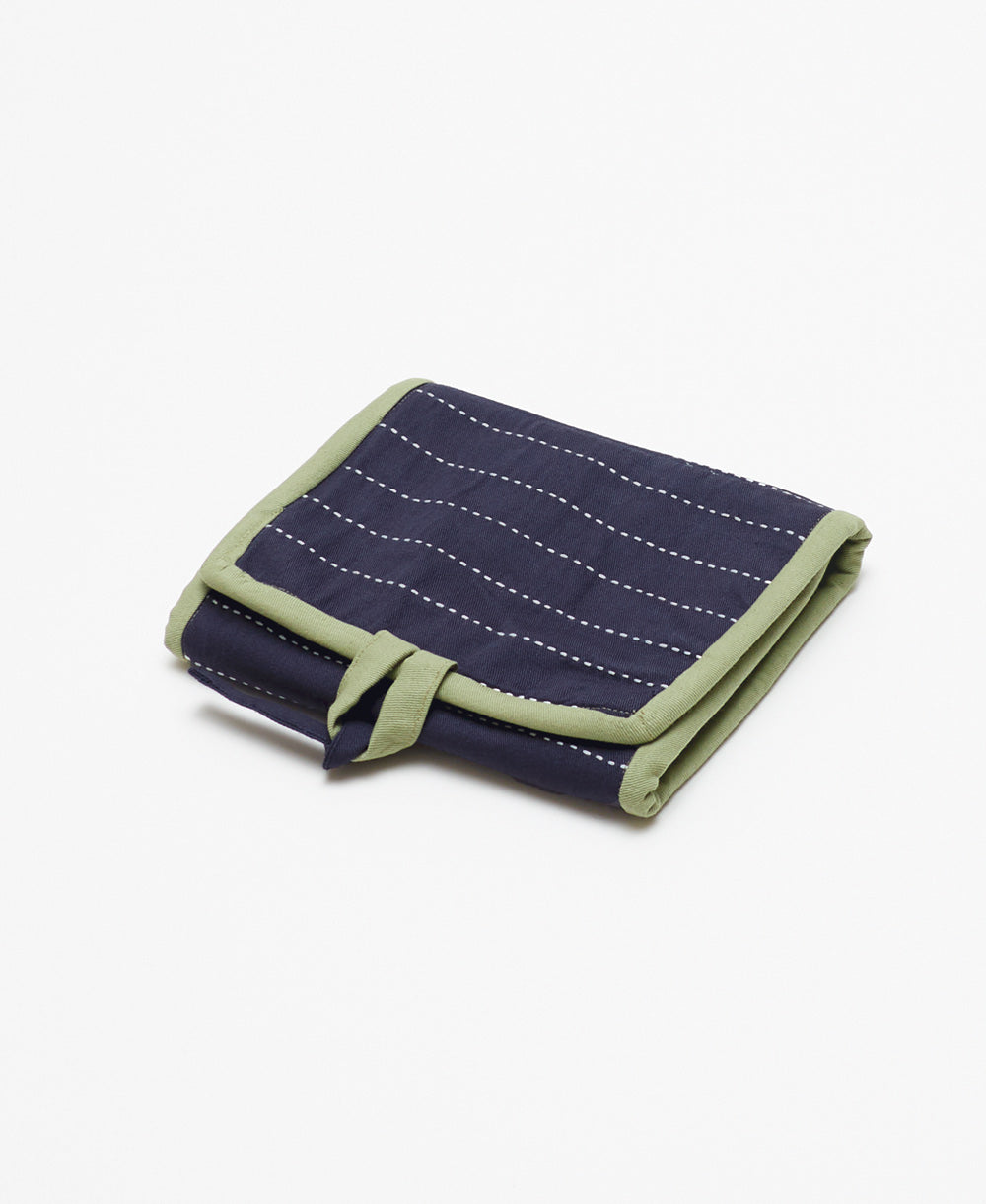 navy blue & green folding travel organizer handmade in India from 100% certified organic cotton