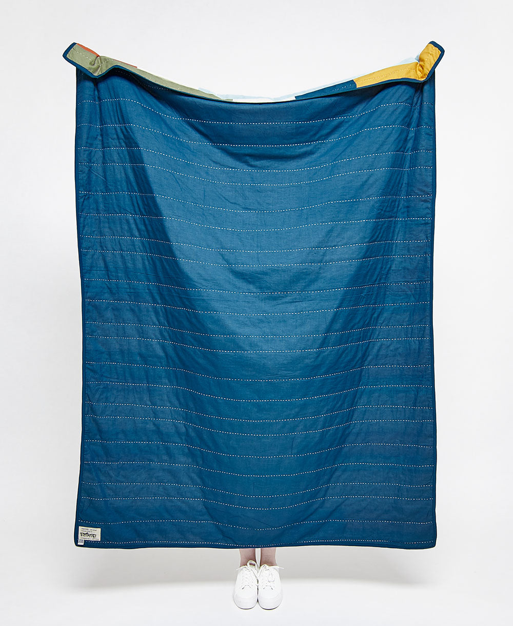 cobalt blue organic cotton throw blanket with modern kantha stitching