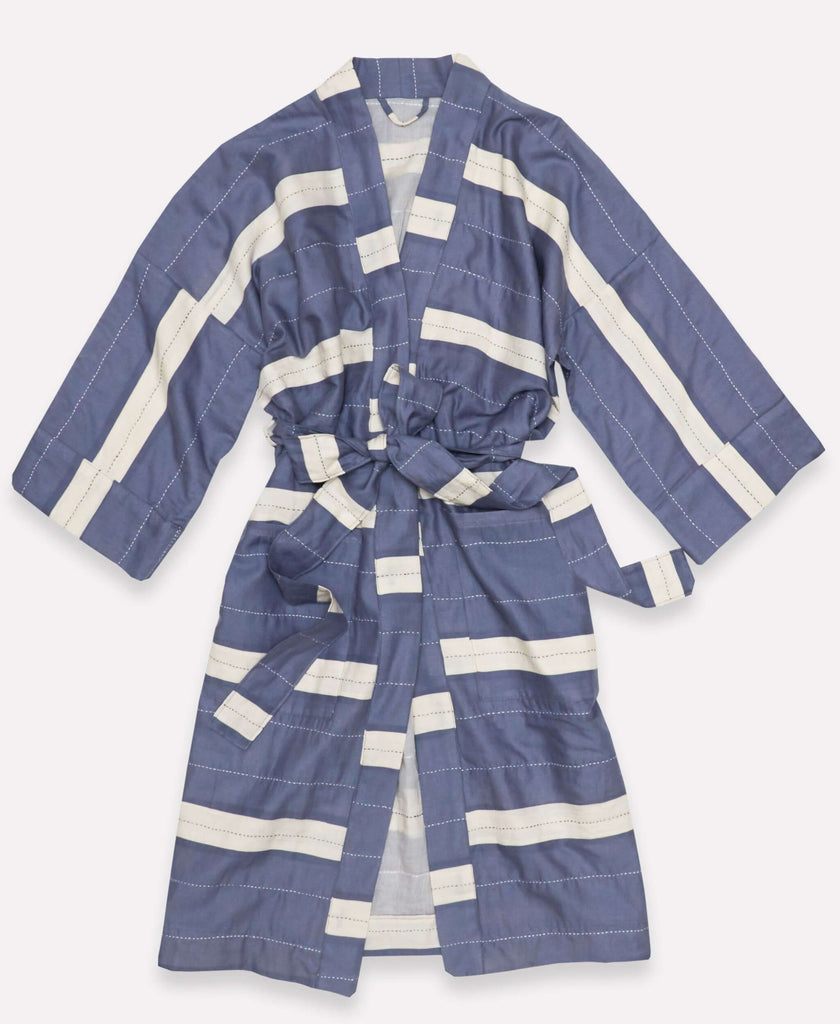 Blue and white striped soft cotton robe designed by Anchal Project and hand stitched by artisans in India 