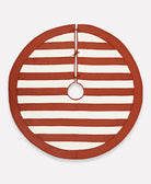 red and white striped tree skirt made from 100% organic cotton handmade in India by women artisans