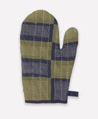 Quilted oven mitt with green and blue checkered pattern on a white background