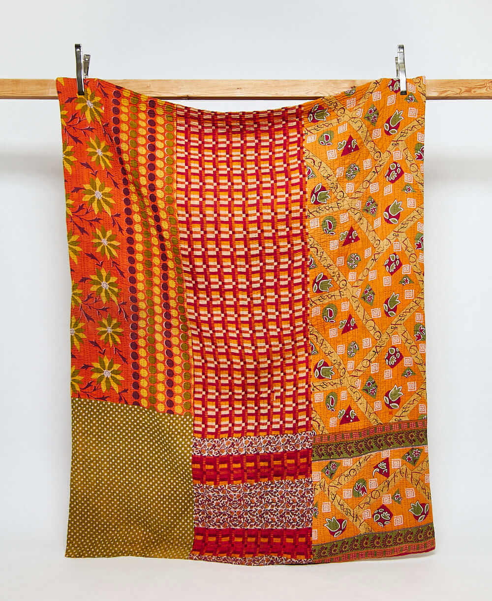 orange and red twin kantha quilt in bold abstract pattern handmade in India