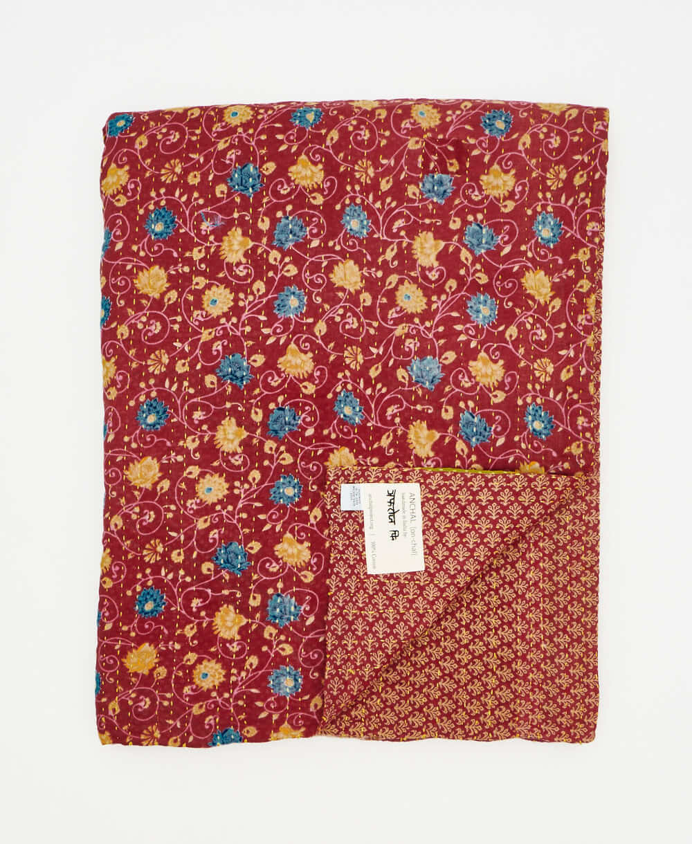 blue and burgundy floral quilted throw in twin size handmade in India by Anchal artisans