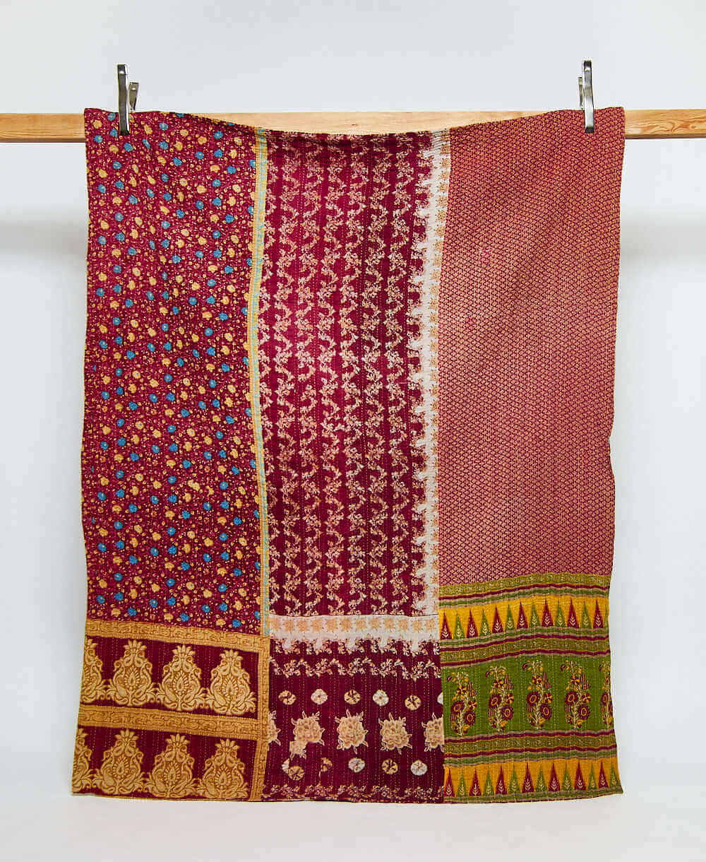 burgundy and blue twin kantha quilt in bold floral pattern handmade in India