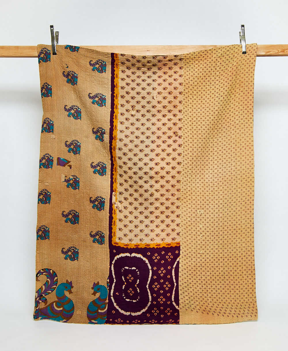 purple and blue twin kantha quilt in bold bird pattern handmade in India