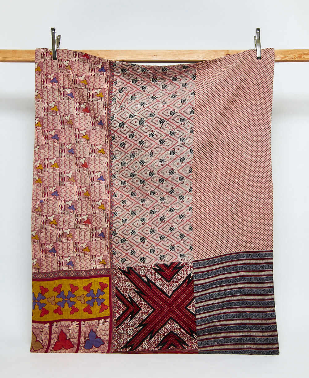 grey and red twin kantha quilt in bold geometric pattern handmade in India