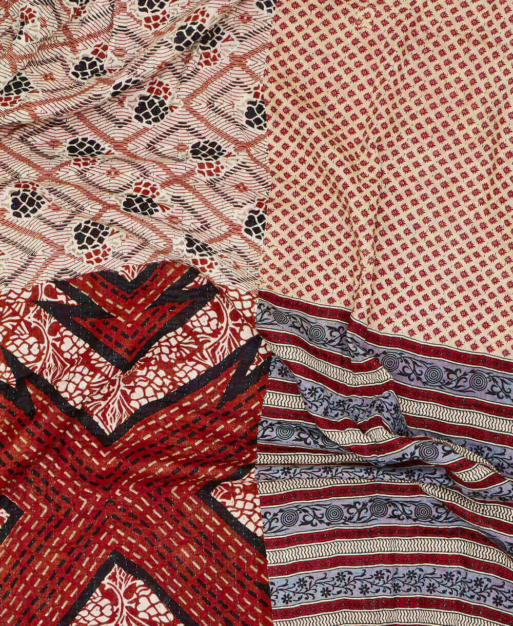 red and grey geometric  kantha quilt featuring traditional hand sitiching 