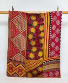 red twin kantha quilt in bold abstract pattern handmade in India