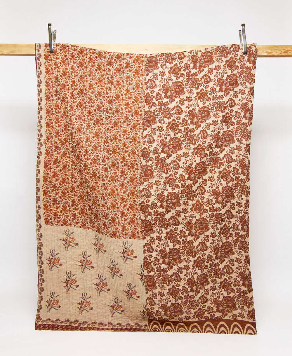 brown twin kantha quilt in bold floral pattern handmade in India