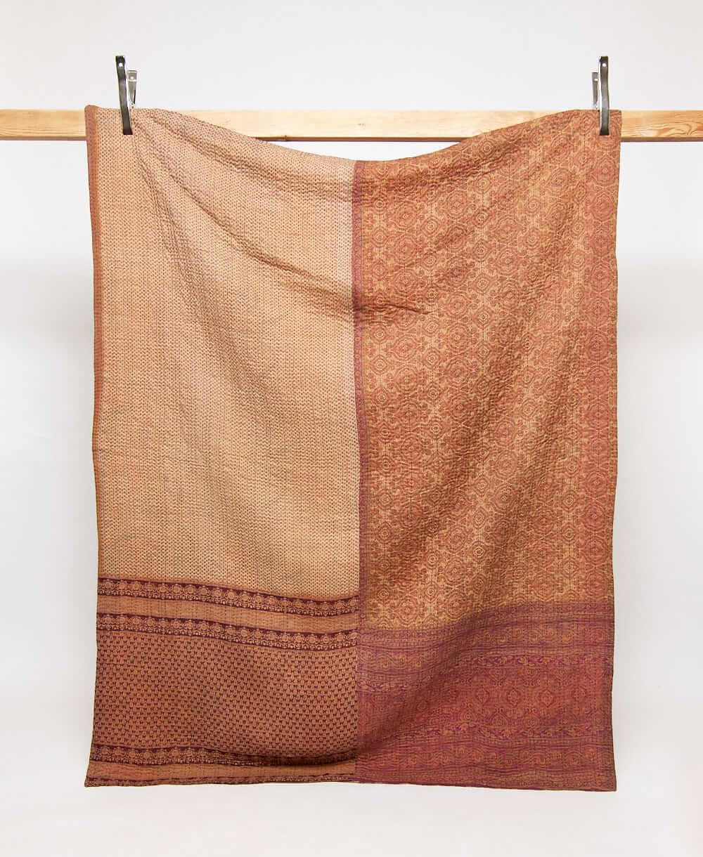 brown twin kantha quilt in bold medallion pattern handmade in India